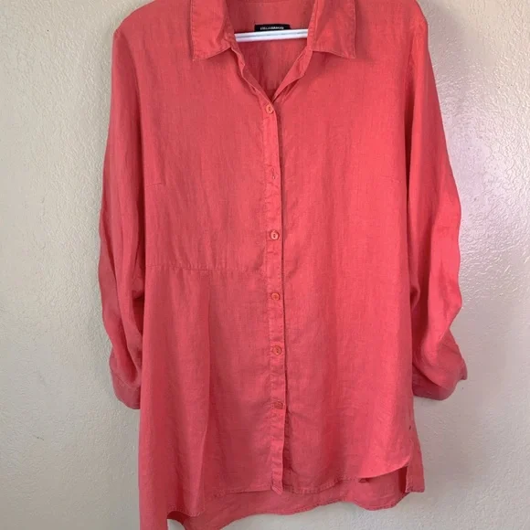 Stella Carakasi Coastal Hemp Coral Asymmetrical Button Down Boho Tunic - Picture 2 of 9